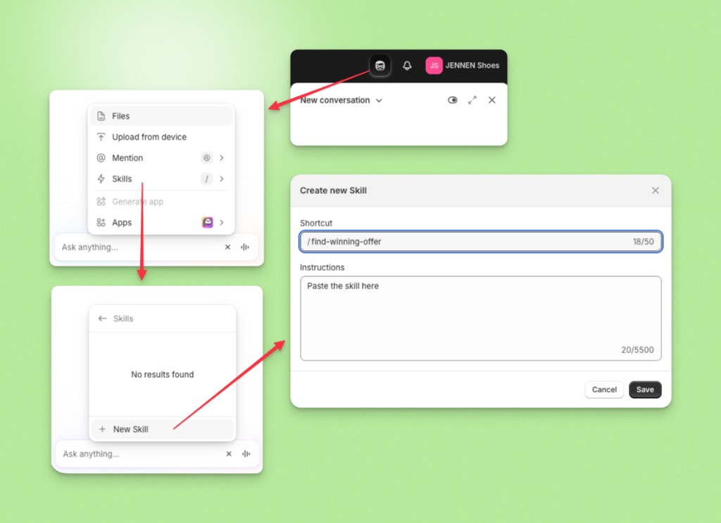 Sidekick: Skills menu, New Skill, and Create new Skill with Shortcut and Instructions