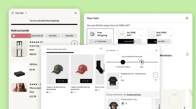 Branded cart drawer with bundle builder and free gift features