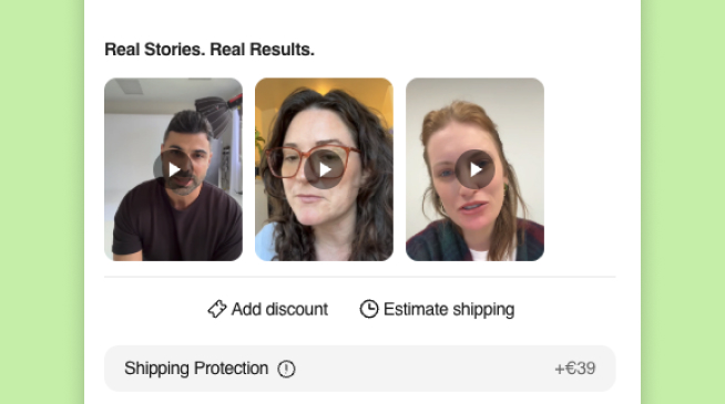 Video testimonials shown inside cart drawer